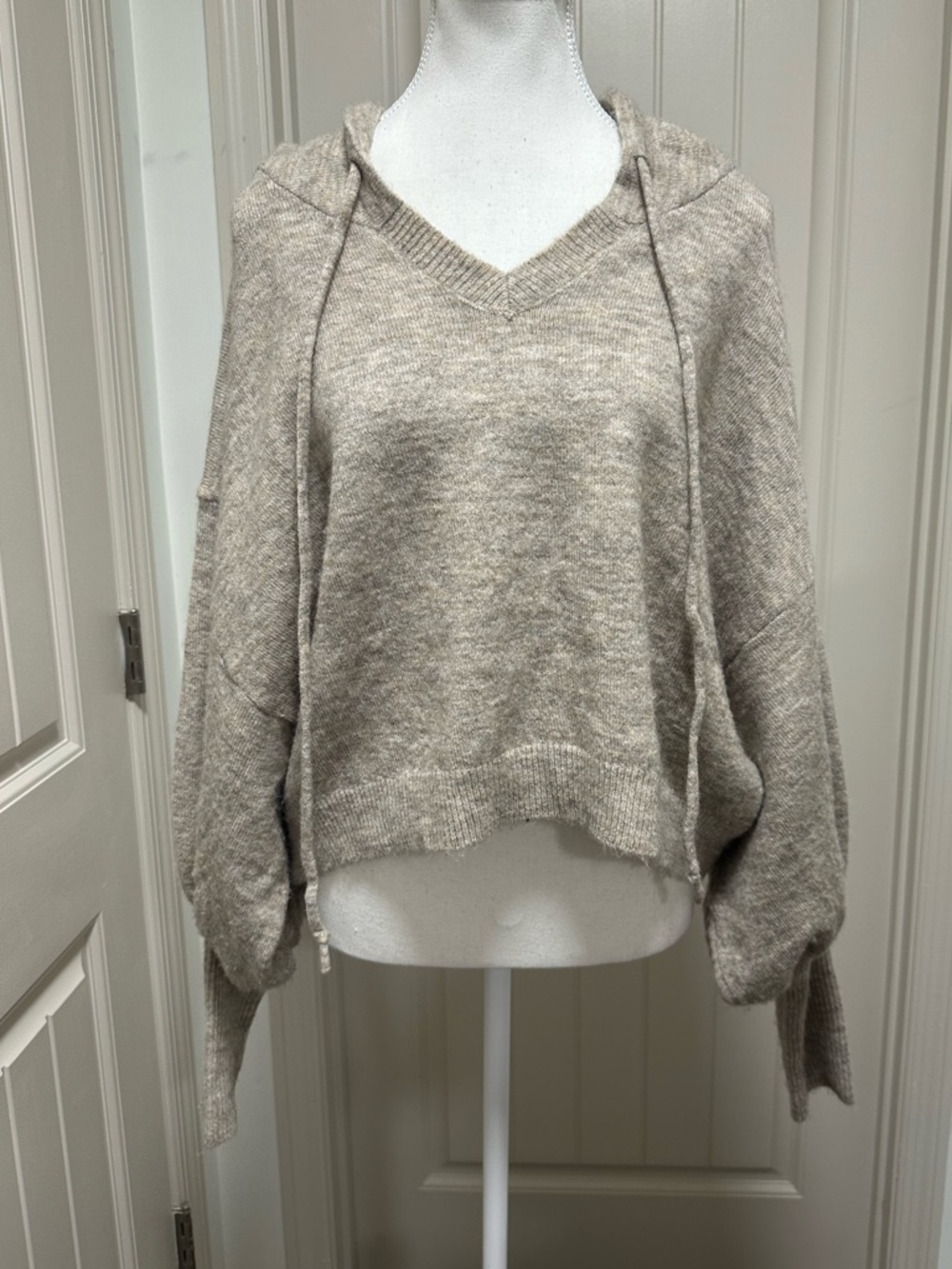 vestique Neutral Taupe V-Neck Hooded Sweater